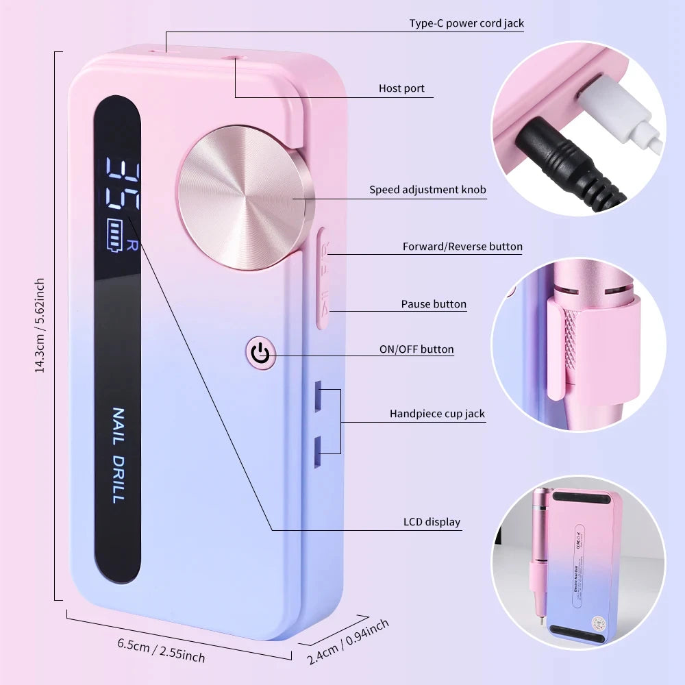 Professional Gel Nails Care, Rechargeable Portable Nail File Manicure Tool 35000RPM Electric Nail Polisher Peaceful Pleasures Health and Wellness