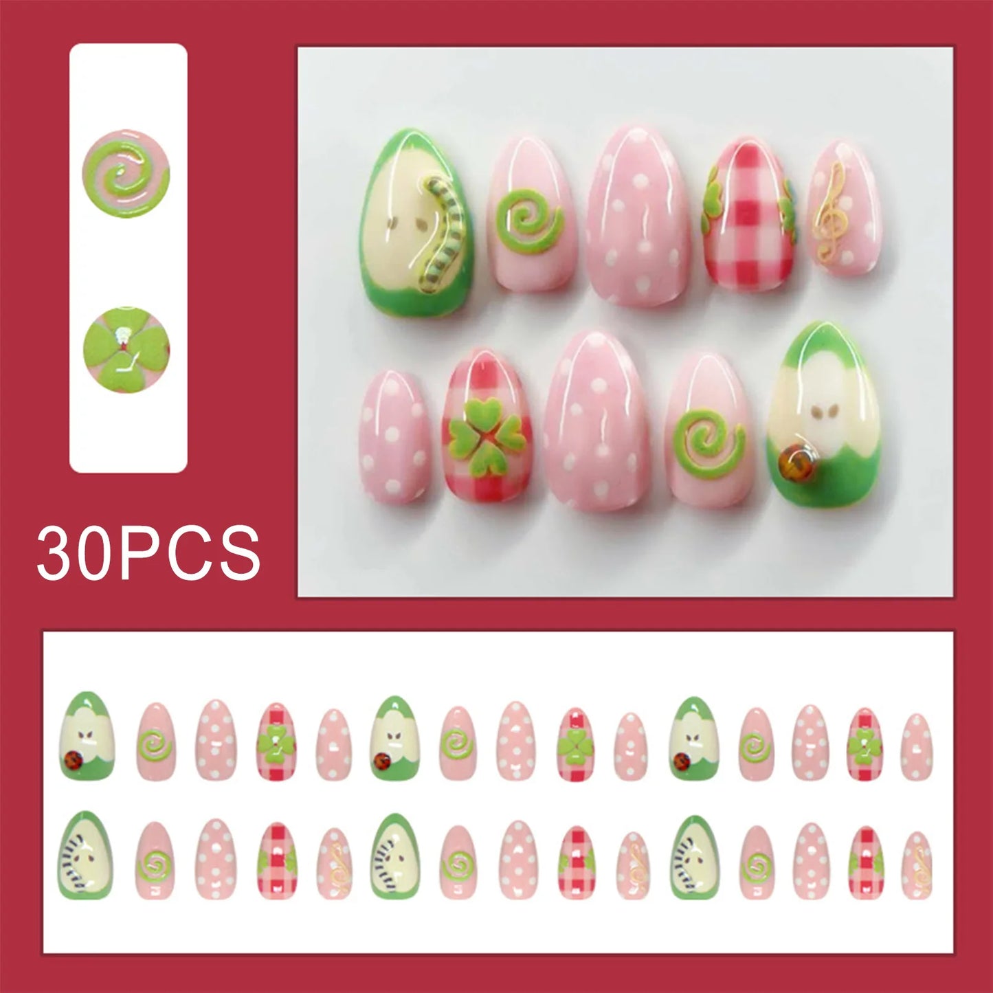 30pcs Press On Nails Cute 3D Fruit Resin Fake Nails Sweet Polka Dot Manicure Almond Tips For Young Women Fashion Party Wearable Peaceful Pleasures Health and Wellness A