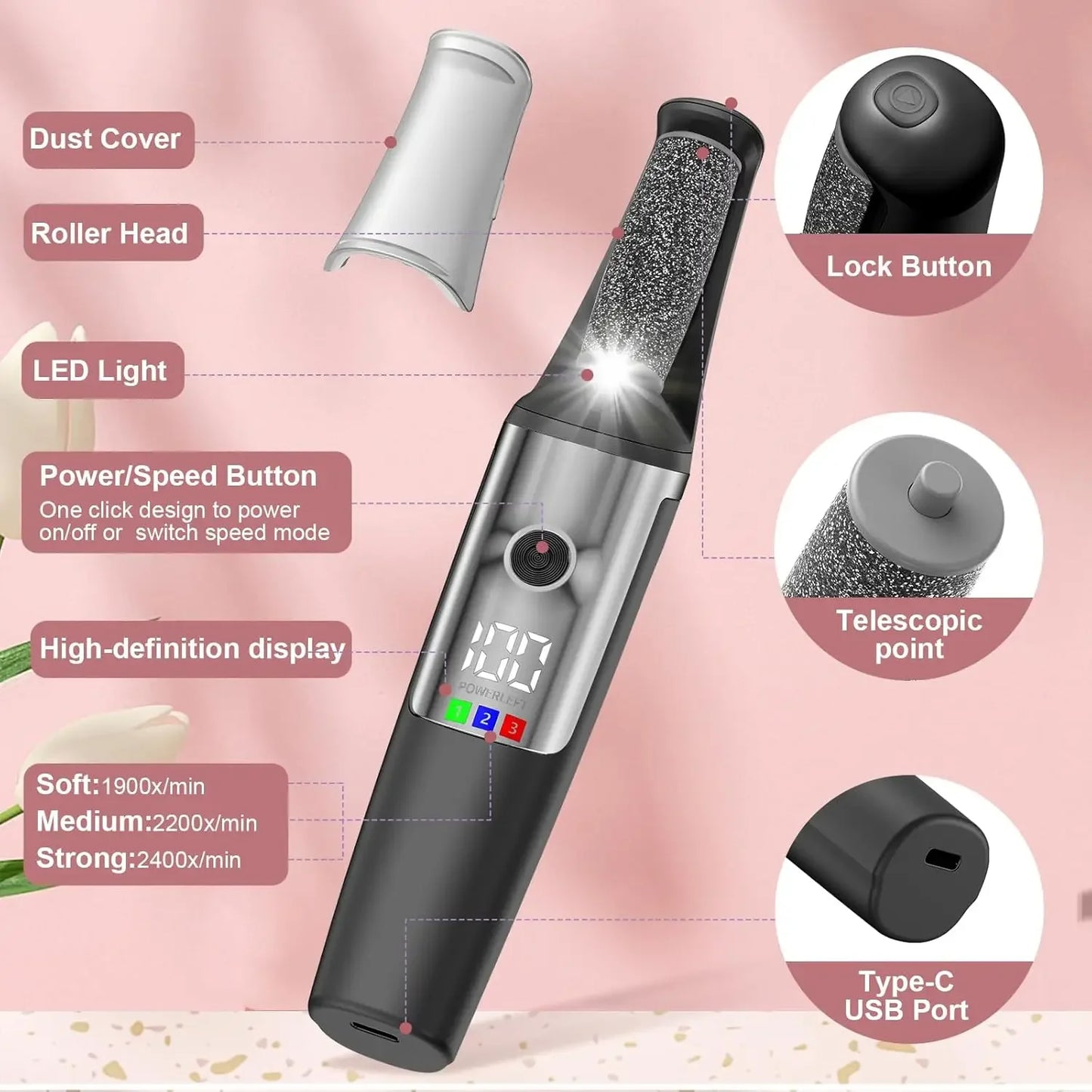 Rechargeable Electric Callus Remover | LED Display & Roller Heads