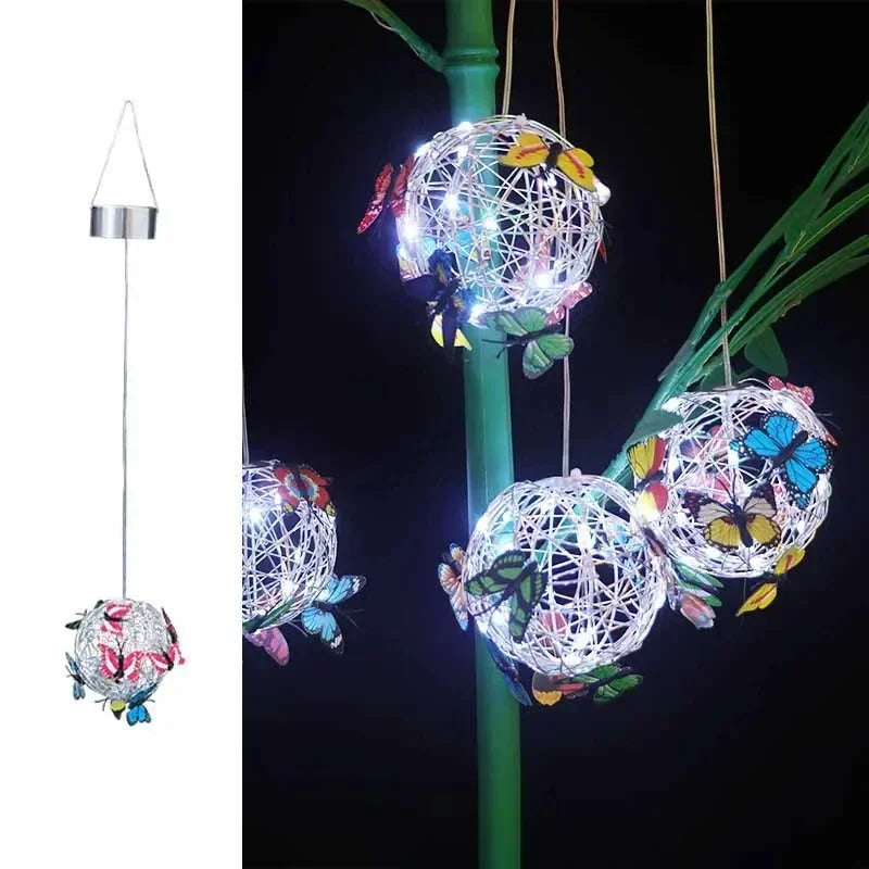 Outdoor Solar Ball Light with Butterfly LIght Decorative Hanging Lamp LED Waterproof Garden Hanging Light Yard Decoration Night Peaceful Pleasures Health and Wellness white light