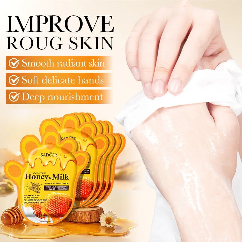 SADOER Honey Milk Hand Mask Gloves – 5 Pairs, 24Hr Moisture