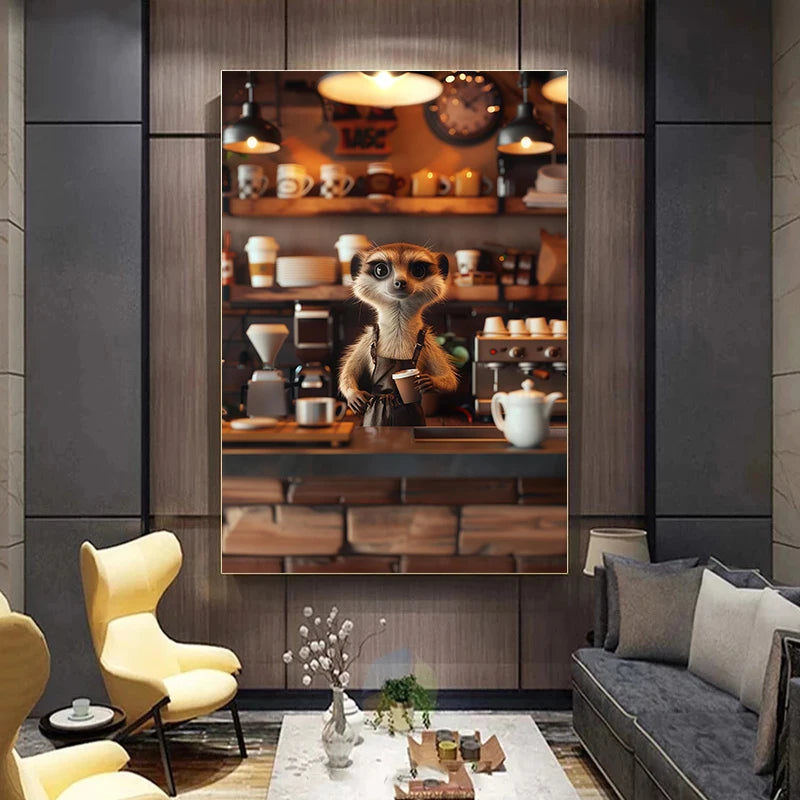 Funny Meerkat Canvas Wall Art | Cozy Animal Coffee Lover Print