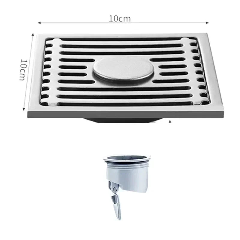 10cm Square Stainless Steel Floor Drain | Anti-Odor Cover