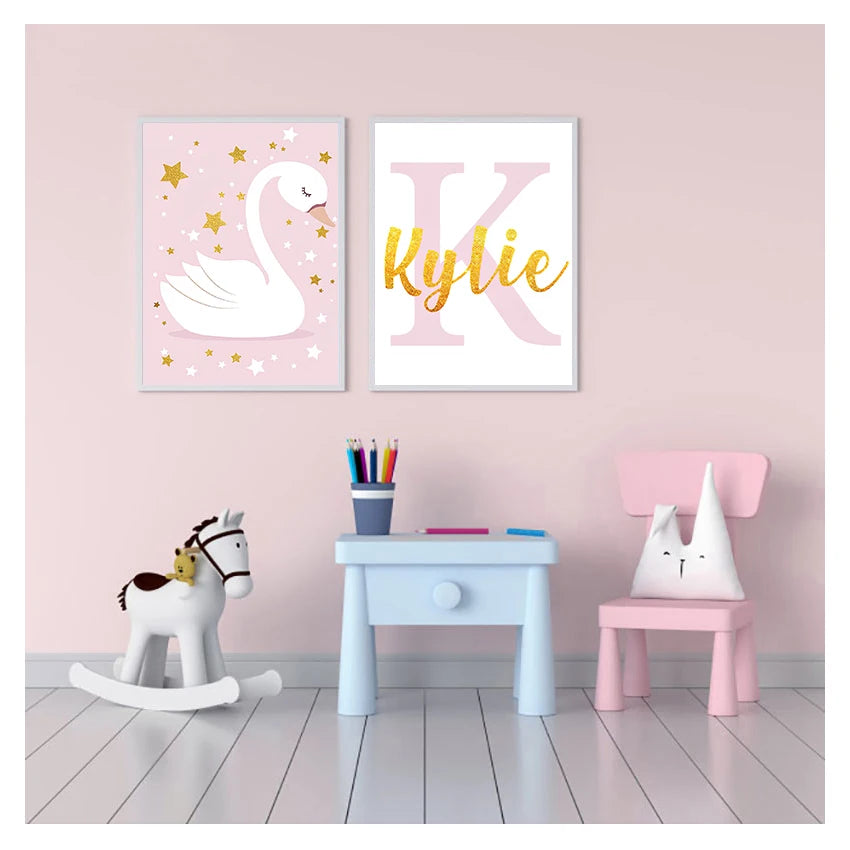 Pink Swan Nursery Canvas Wall Art | Custom Name Baby Girl Decor