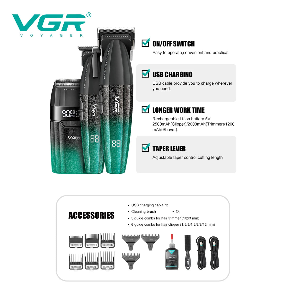 VGR high-end 3-in-1 hair trimming set professional electric hair clipper 9000 RPM household electric push shear shaver V-640 S3 Peaceful Pleasures Health and Wellness