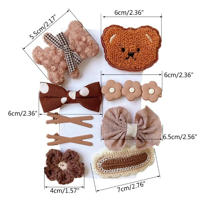 9-Piece Cartoon Bear & Bow Hair Clip Set for Baby Girls