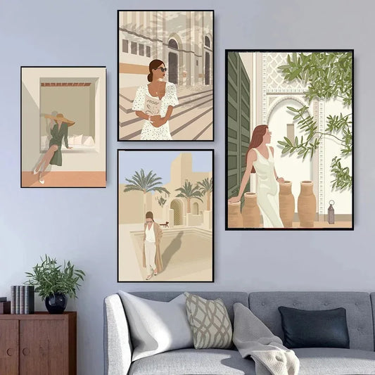 Nordic Abstract Women & Leaf Canvas Wall Art | Girls Room Decor Canvas Wall Art Peaceful Pleasures Health and Wellness