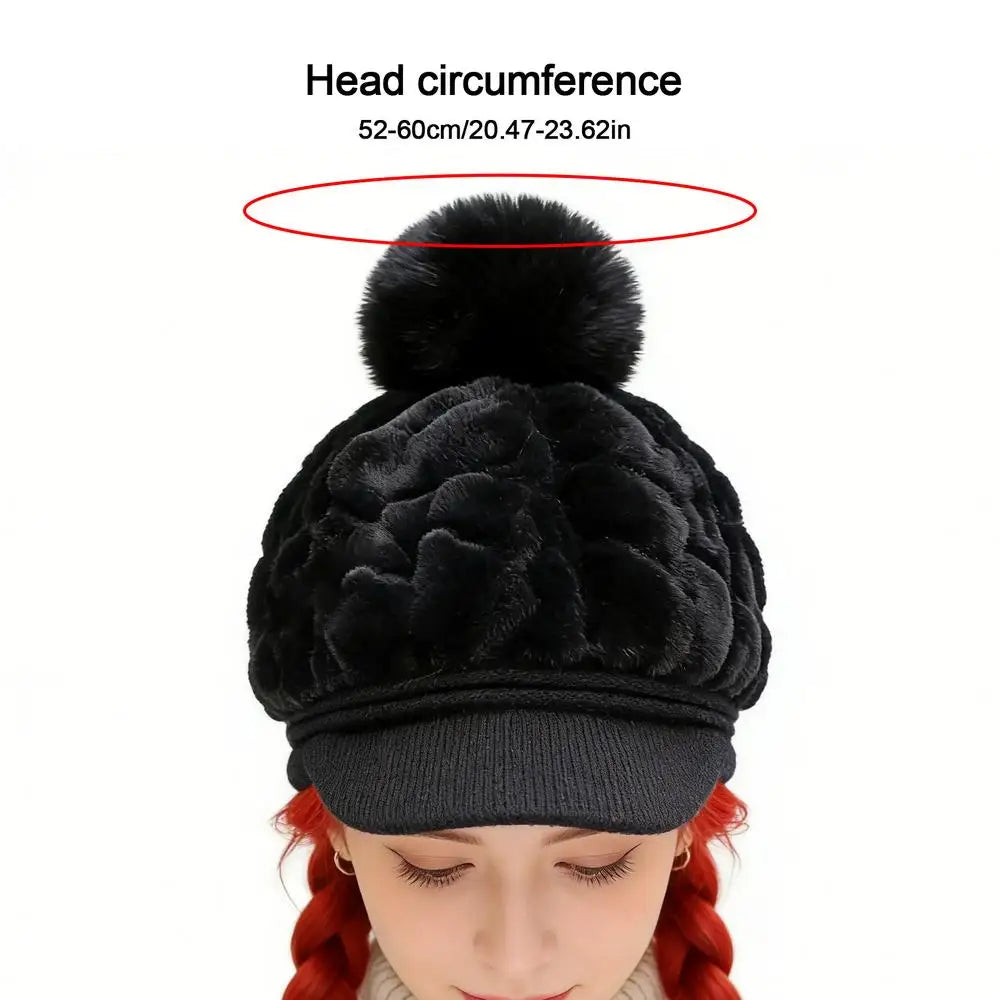 Women's Pom-Pom Fleece Beanie Hat with Brim | Winter Warm