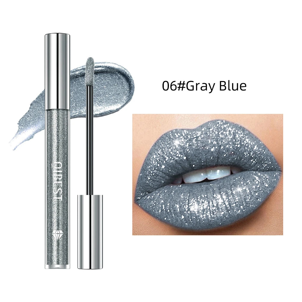 QIBEST Diamond Liquid Lipstick Lip Tint 6 Colors Moisturizing Long-Lasting Makeup Gray Sparkling Waterproof Lip Gloss Cosmetics Peaceful Pleasures Health and Wellness 06 Gray Blue