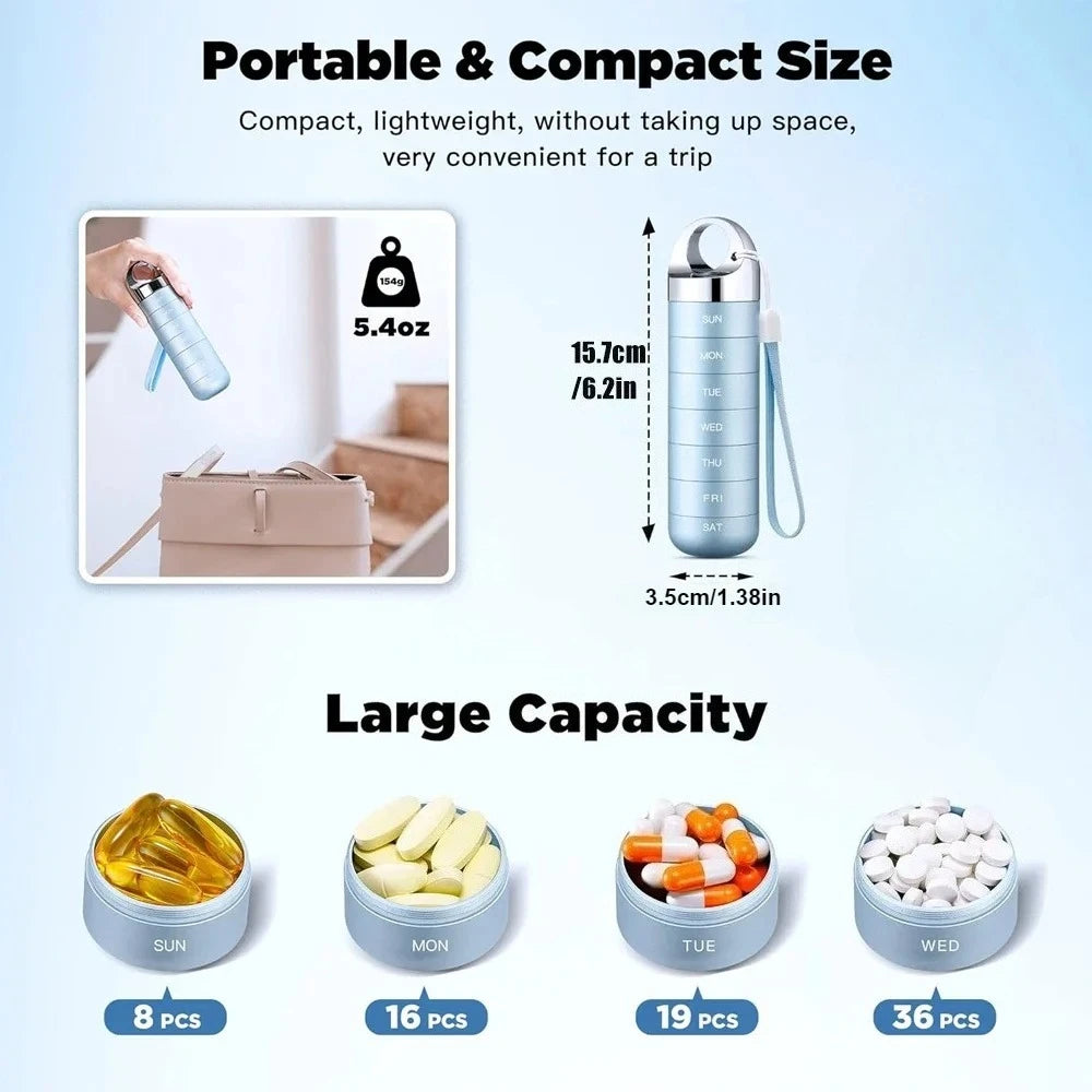 Portable Travel Pill Box Metal 7 Day Pill Case Organizer Waterproof Aluminum Alloy Travel Pill Case Container for Vitamins Peaceful Pleasures Health and Wellness