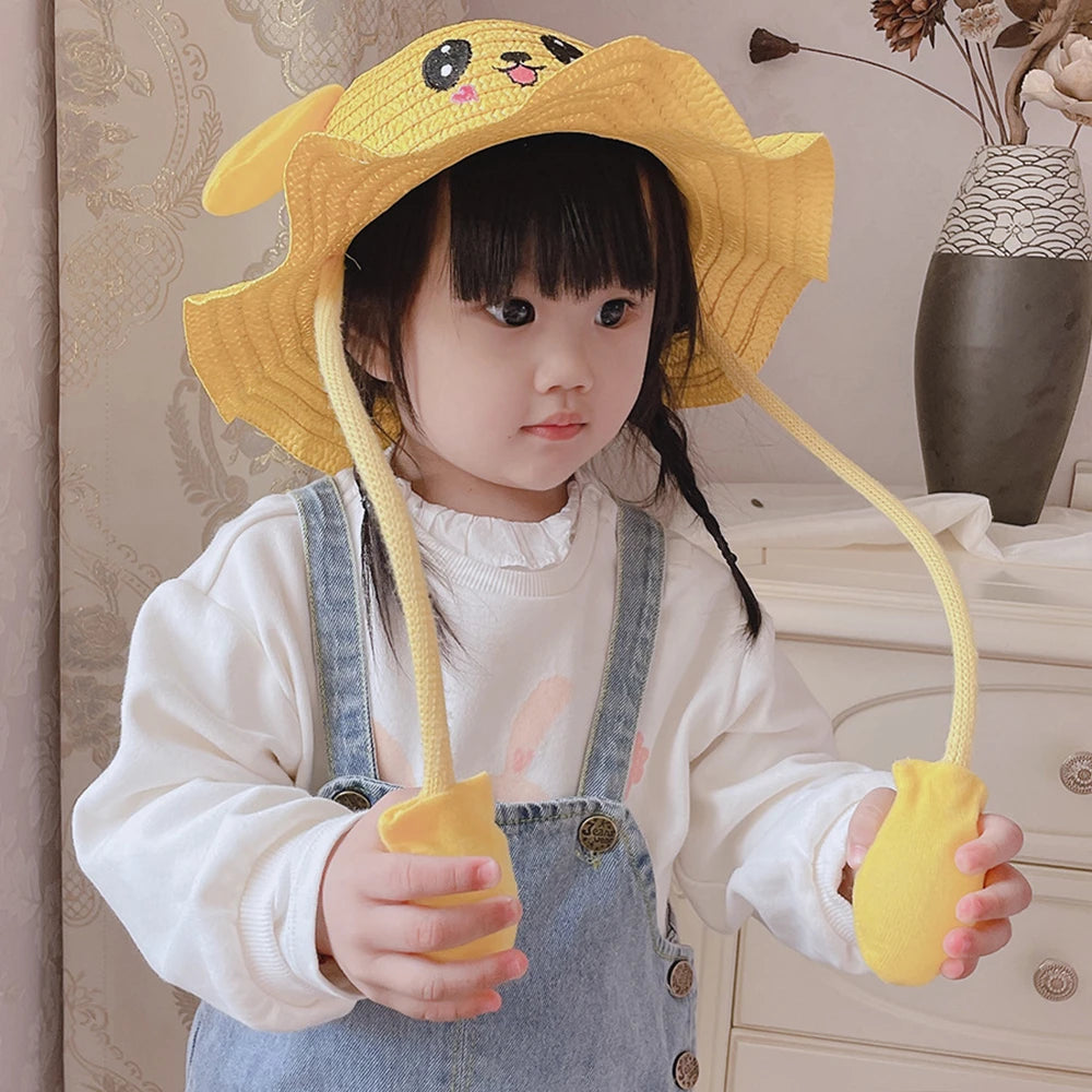 Kids Bunny Rabbit Straw Hat | Moving Ears Wide Brim Sun Hat