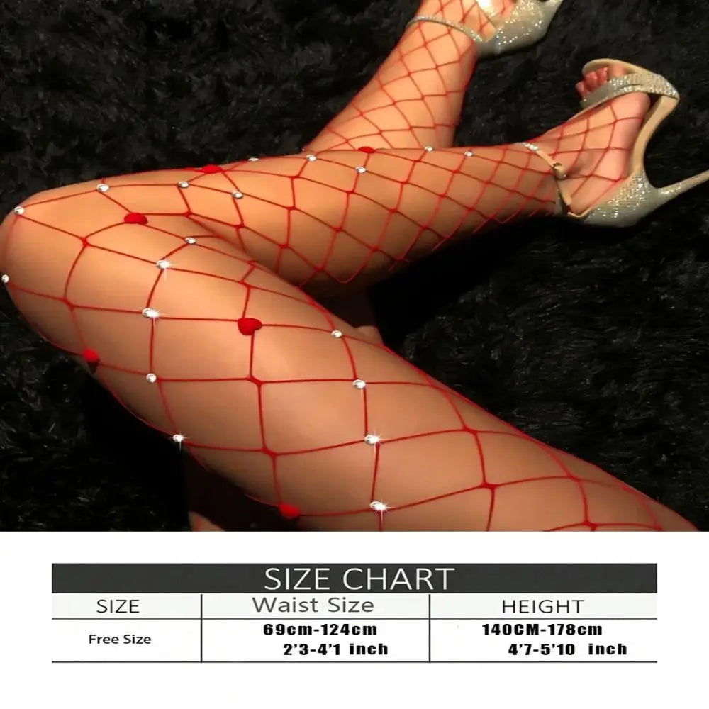 Rhinestone Fishnet Stockings – Diamond Heart Glitter Tights