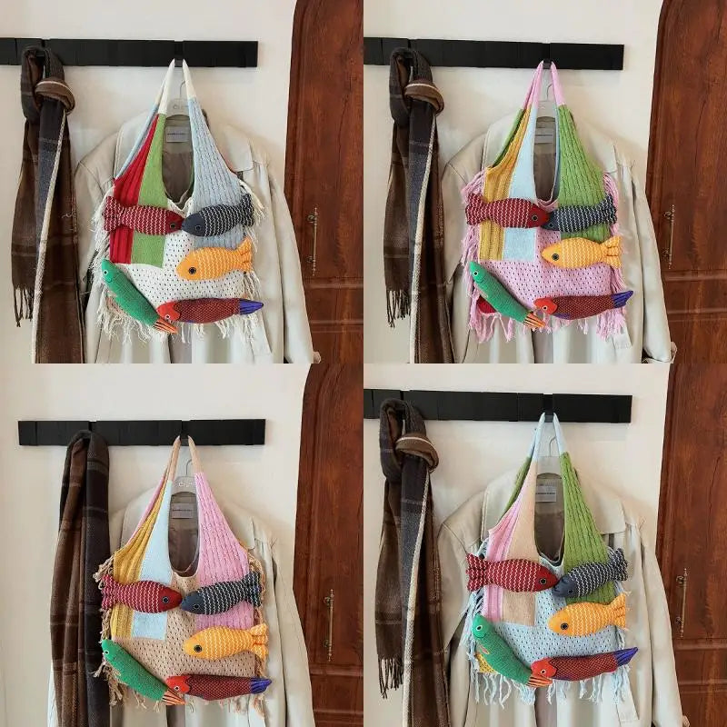 Fish Tassel Knitted Shoulder Bag – Casual Tote for Women & Girls