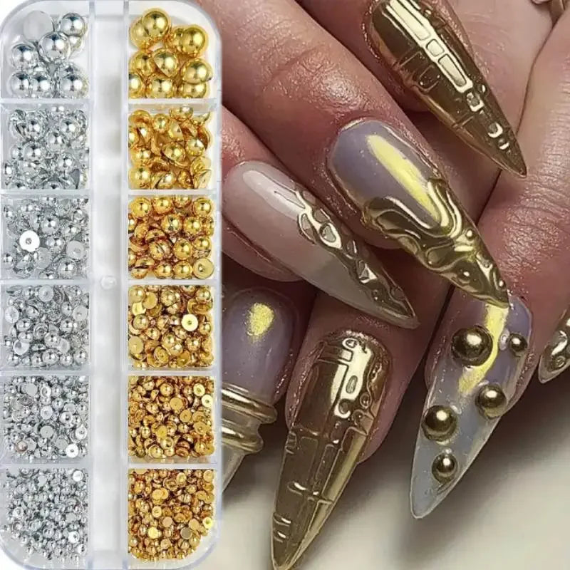 12Grids Mixed Semi-circular Pearl Gold And Silver Nail Charms Nail Decor Manicure Nail Salon Accessories Peaceful Pleasures Health and Wellness