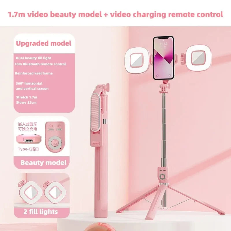 Selfie Stick Tripod 360°/180° Rotating Selfie Stick Phone Holder with Wireless Bluetooth Remote Extendable Tripod Selfie Stick Peaceful Pleasures Health and Wellness Pink 2 lights P87-TC