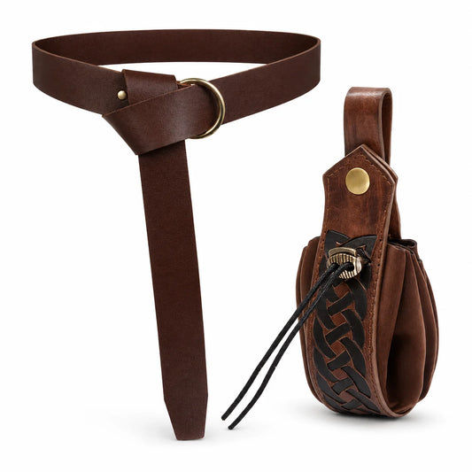 Medieval Leather Belt Pouch Viking Waist Drawstring Bag Renaissance Peaceful Pleasures Health and Wellness 2PCS-Brown Option 1