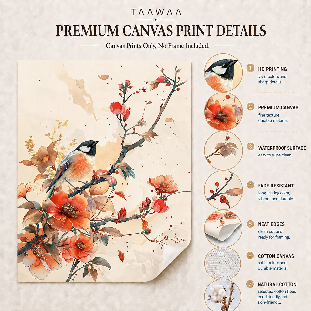Nordic Bird & Flowers Canvas Wall Art | Chinese Style Print Canvas Wall Art Print Peaceful Pleasures Health and Wellness