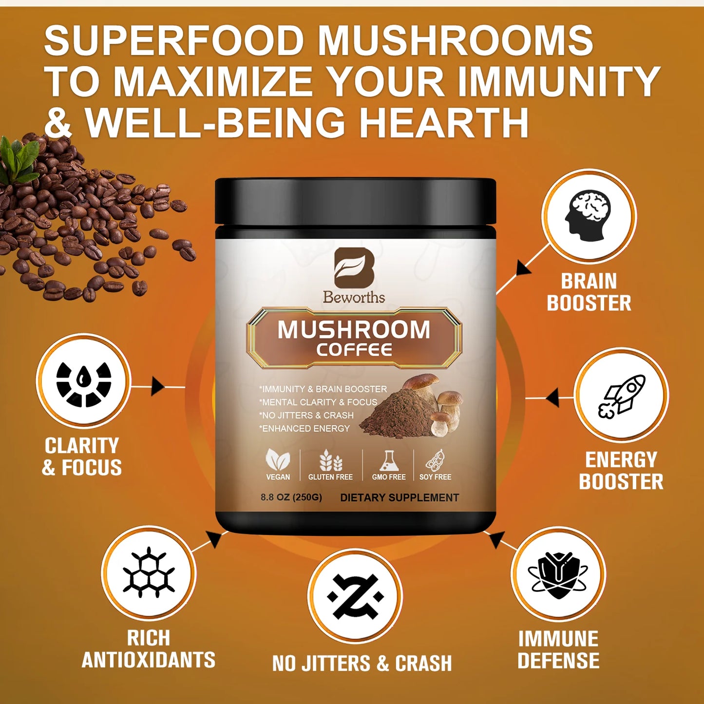 Mushroom Coffee with Lion’s Mane, Cordyceps, Reishi & Chaga – Energy, Focus & Immunity | 250g Peaceful Pleasures Health and Wellness