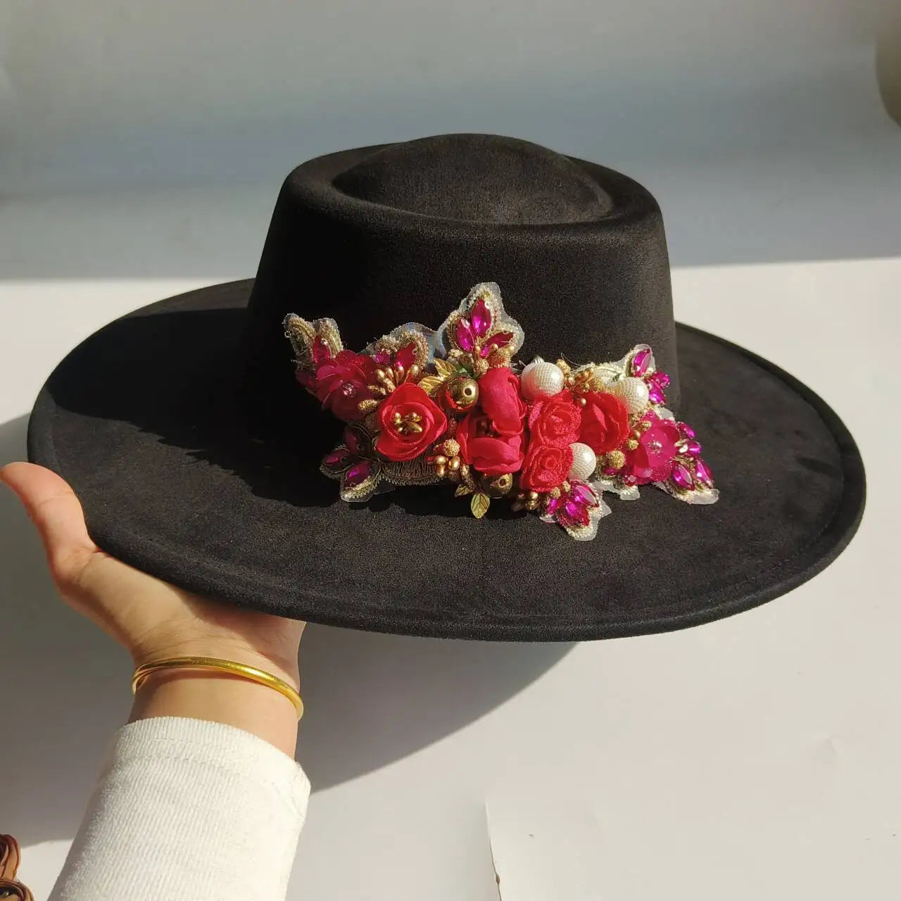 Vegan Suede Fedora Hat | Rhinestone Wide Brim Pork Pie