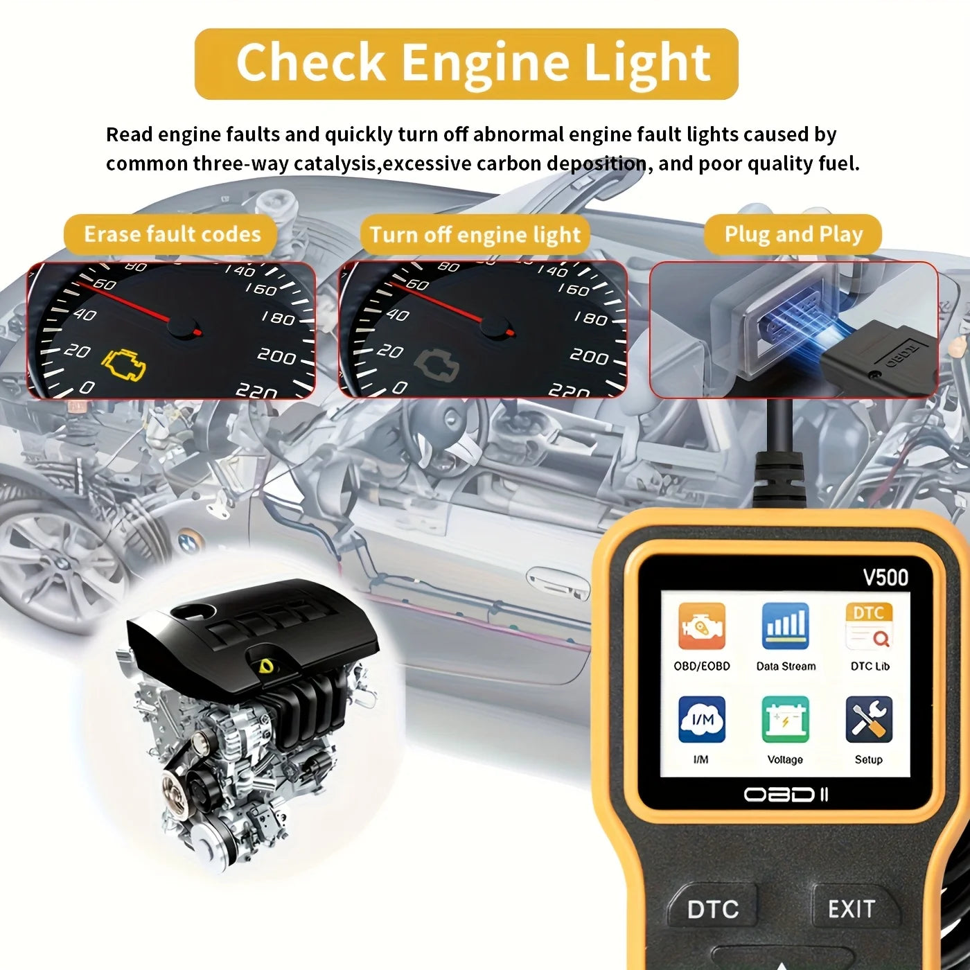 New Obd2 Diagnostic Tool - Fault Code Reader, Voltage Tester, Engine Fault Code Scanner, Charging Test Tool Obdii-V500 Yellow Version, Battery Not Included Peaceful Pleasures Health and Wellness