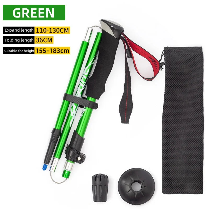 Aluminum alloy folding ultra-lightweight ultra-short retractable outdoor hiking stick, hiking staff, five-section hiking stick Peaceful Pleasures Health and Wellness green