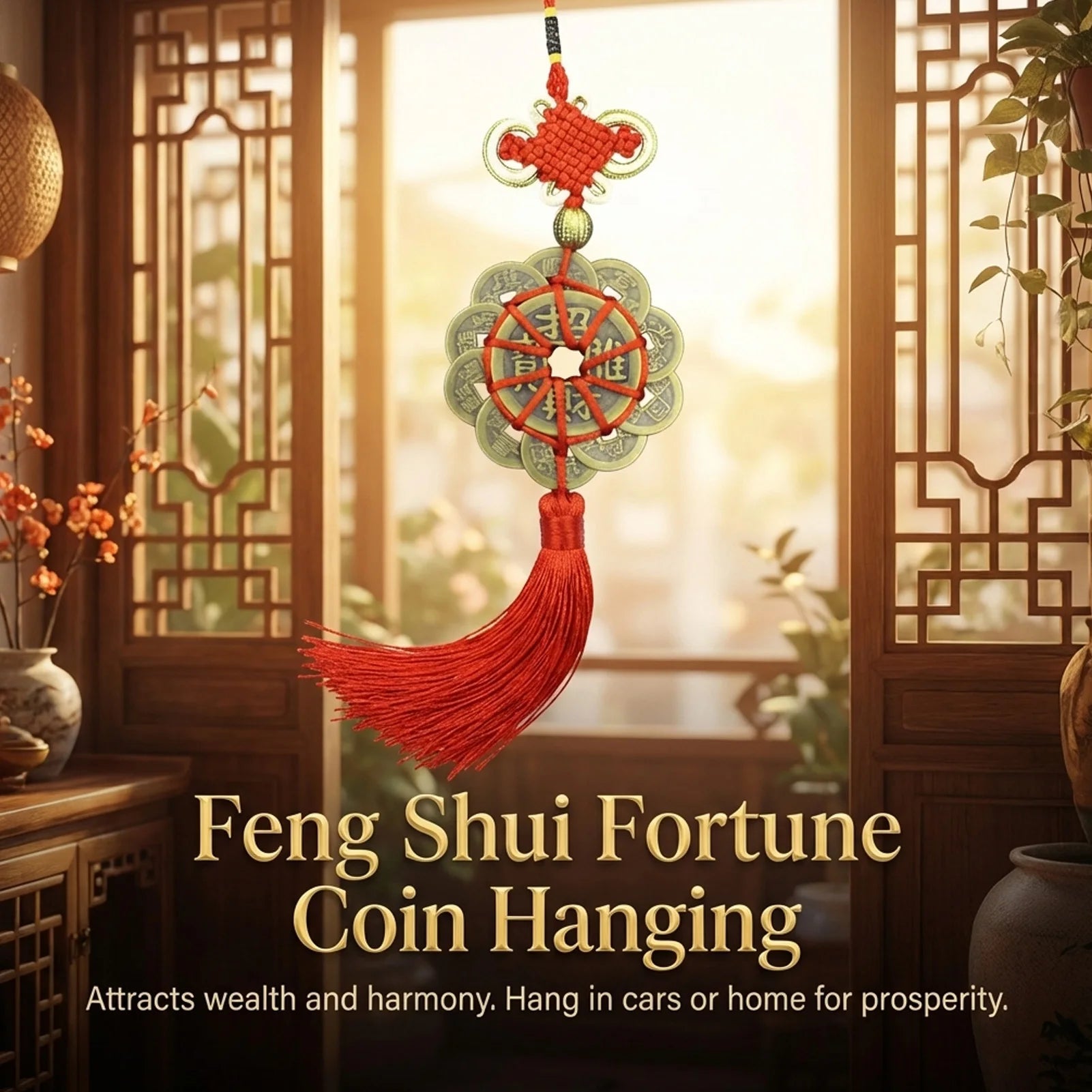 Copper Five Emperor Coin Pendant with Auspicious Knot for Car Home Decor Peaceful Pleasures Health and Wellness