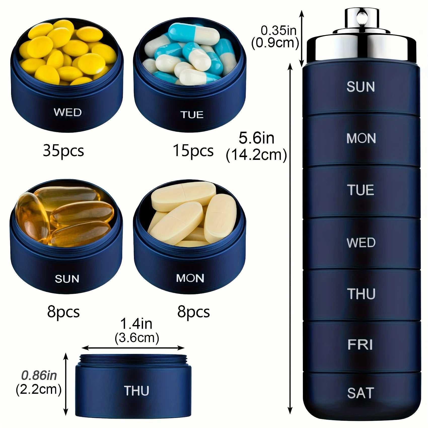 7pcs Metal Pill Organizers, Stackable Portable Waterproof Travel Pill Box, Large Aluminum Alloy Travel Pill Case Peaceful Pleasures Health and Wellness
