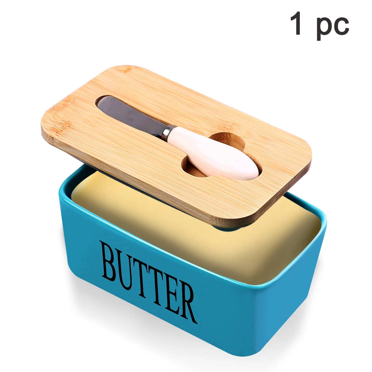 1 Set Of Ceramic Butter Dish With Bamboo Lid And Built-In Knife Butter Keeper With Double Silicone Sealing Ring Kitchen Peaceful Pleasures Health and Wellness Light Blue United States