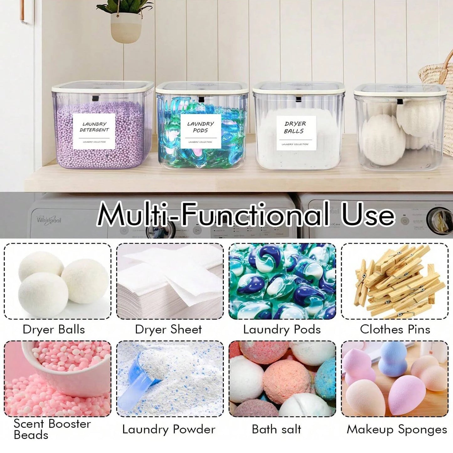 Laundry Pods Container with Pop-Up Lid – Clear Storage Organizer with Labels for Laundry Room