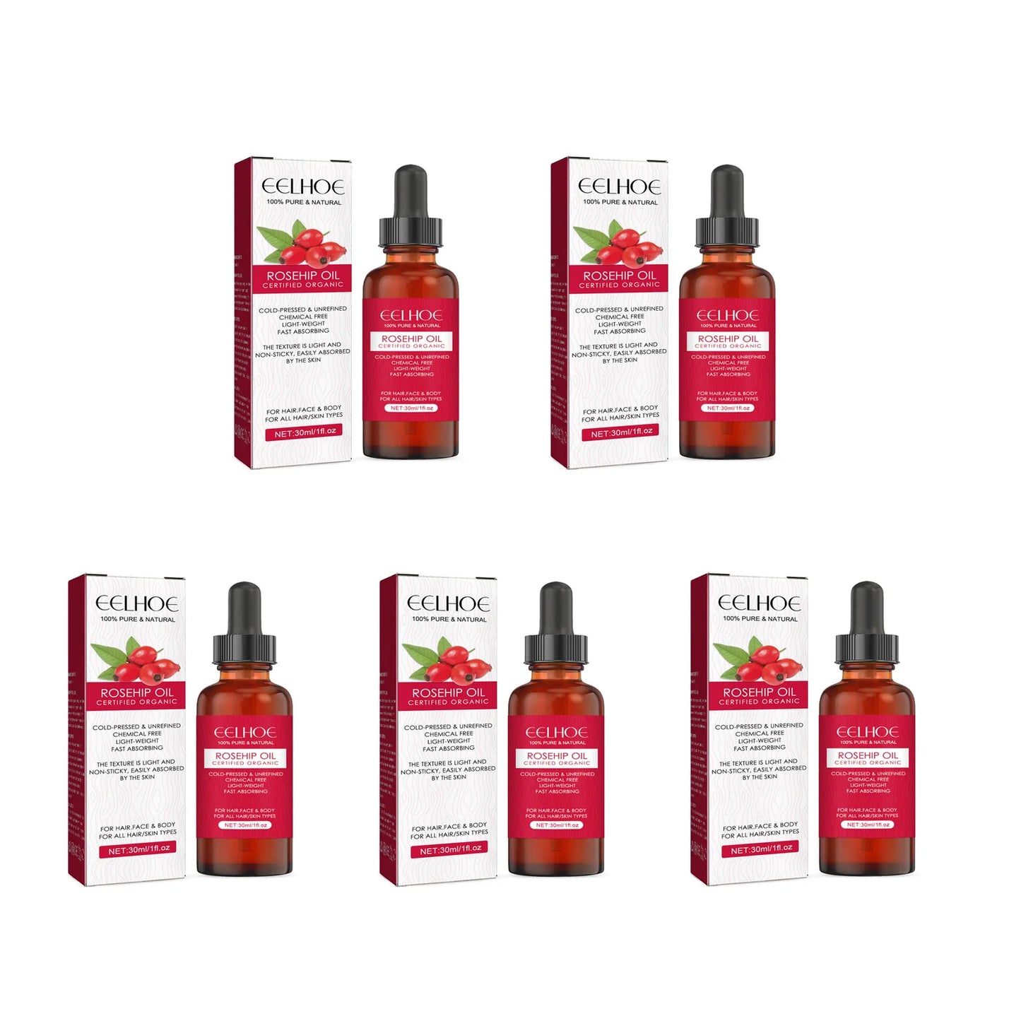 EELHOE Rosehip Facial Oil – Anti-Aging, Firming & Brightening 30ml Peaceful Pleasures Health and Wellness 5 x 30ml Boxed