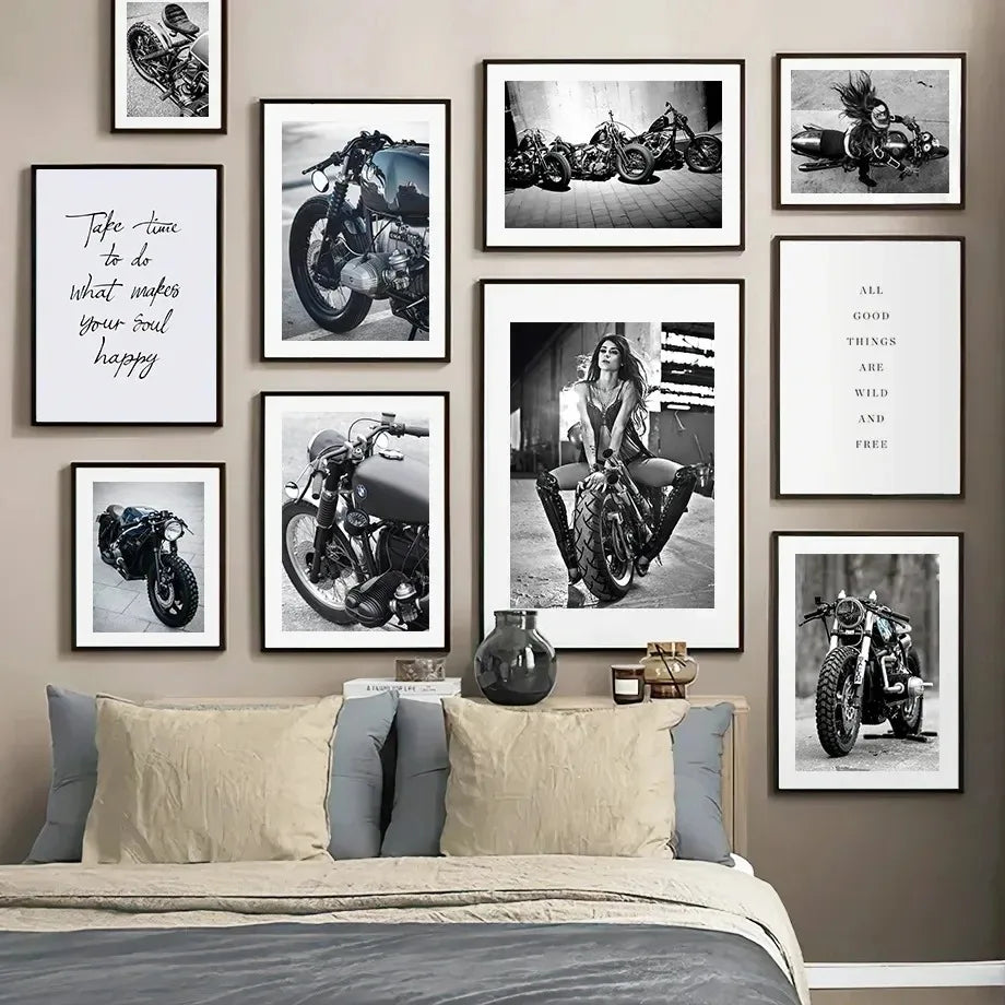 Black & White Motorcycle Canvas Wall Art | Modern Unframed Poster