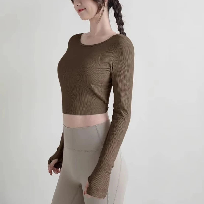 Women's Long Sleeve Cross-Back Yoga Top | Built-In Chest Pad
