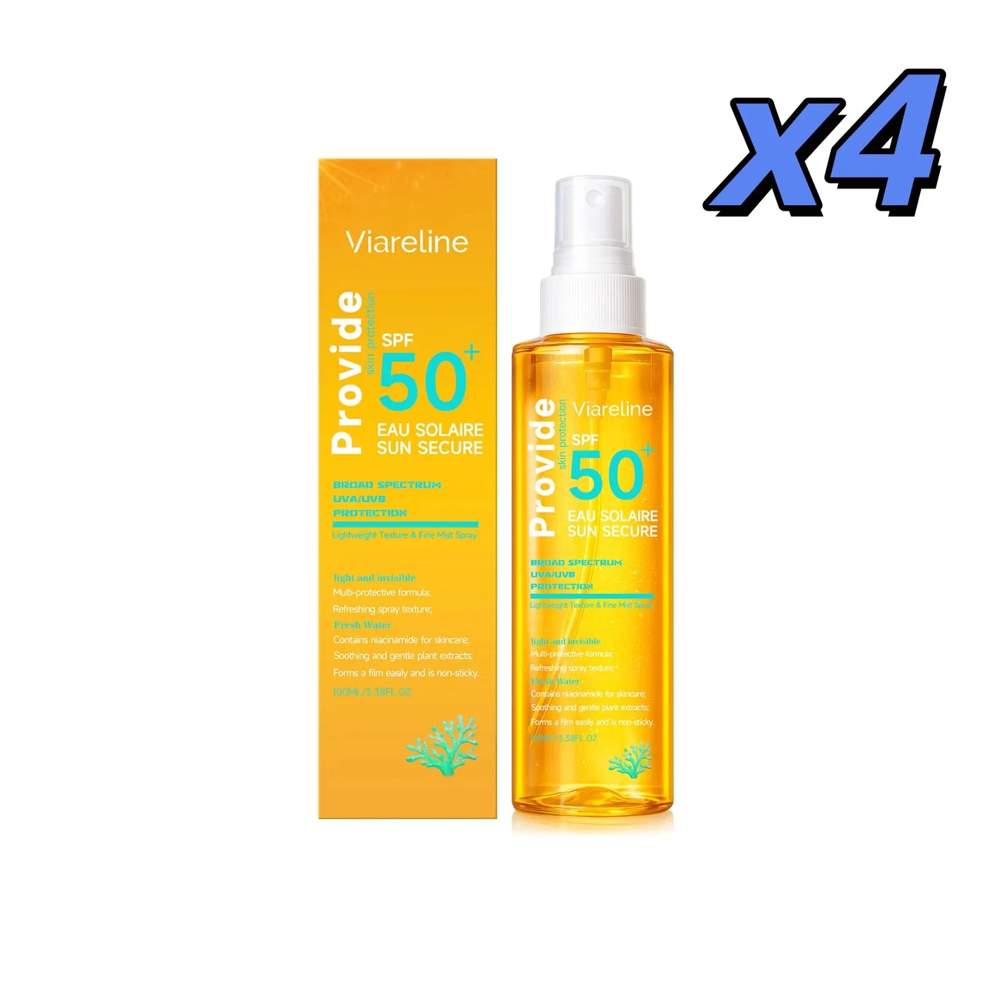Coral Reef Safe Sunscreen Spray Waterproof Sweatproof Resistant Prevent Sunburn Moisturizing Refreshing Strong Facial Body Spray Peaceful Pleasures Health and Wellness 4 x 100ml boxed