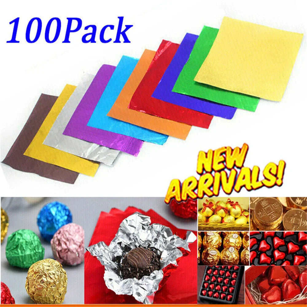 100Pcs Food-Grade Aluminum Foil Candy Wrapping Sheets 8x8cm
