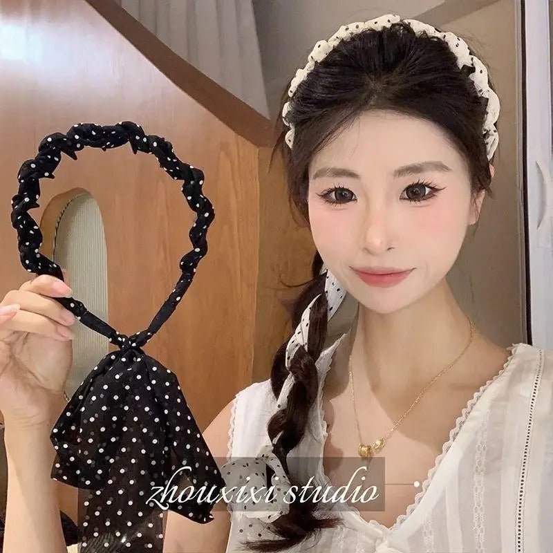 Polka Dot Bow Braided Headband – Non-Slip Chiffon for Women
