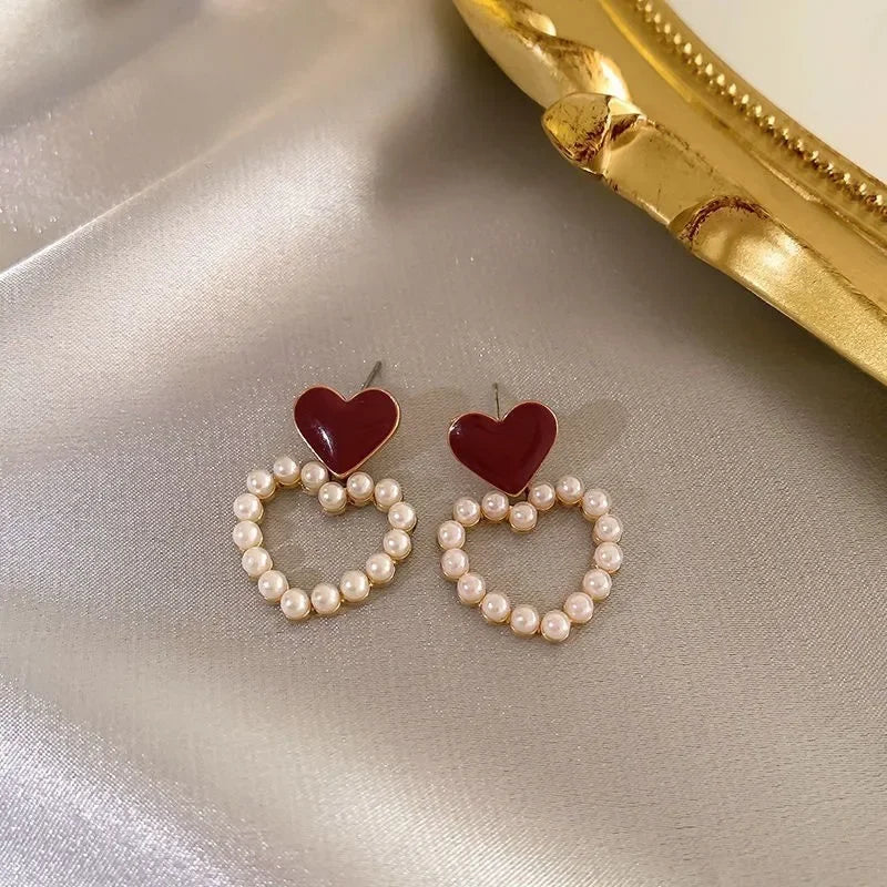 French Retro Burgundy Heart Stud Earrings | S925 Silver Needle