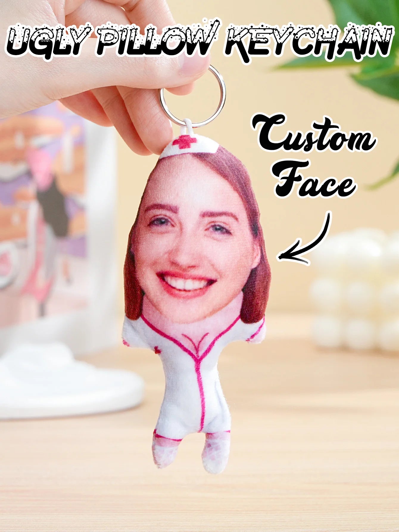 1pc Custom Face Pillow Keychain Funny Ugly Plush Keychain Custom Photo Keyring Gift For Friends Family Boyfriend Girlfriend Peaceful Pleasures Health and Wellness Style 5 6x12cm