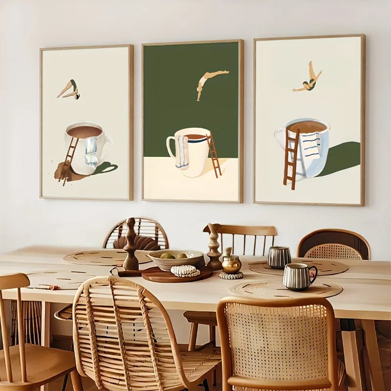 3-Piece Funny Coffee Diver Canvas Wall Art Set | Unframed Canvas Wall Art Set Peaceful Pleasures Health and Wellness