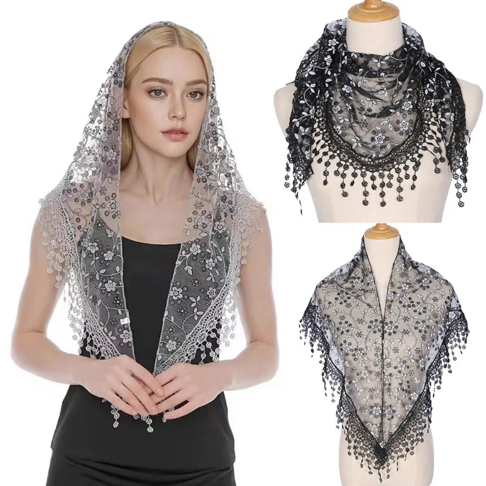 Women's Triangle Lace Veil Headscarf – Floral Sequined Scarf