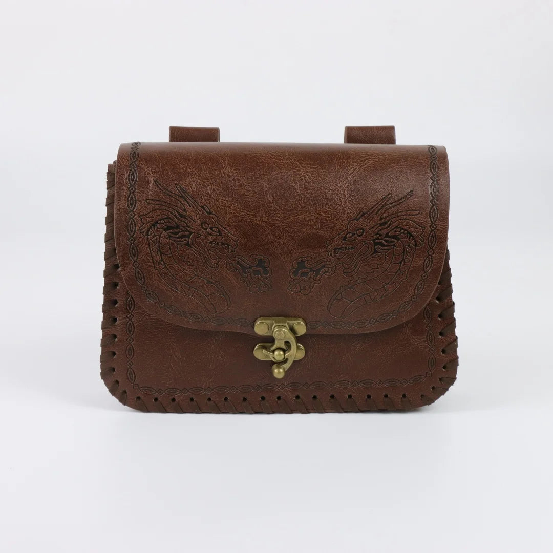 Vintage Double Dragon Embossed Faux Leather Belt Pouch Medieval
