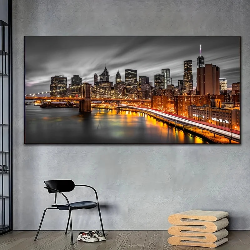 Unframed Large New York Manhattan Cityscape Wall Art,Brooklyn Bridge Sunset Night View Picture Canvas Wall Art,Artwork Painting Peaceful Pleasures Health and Wellness