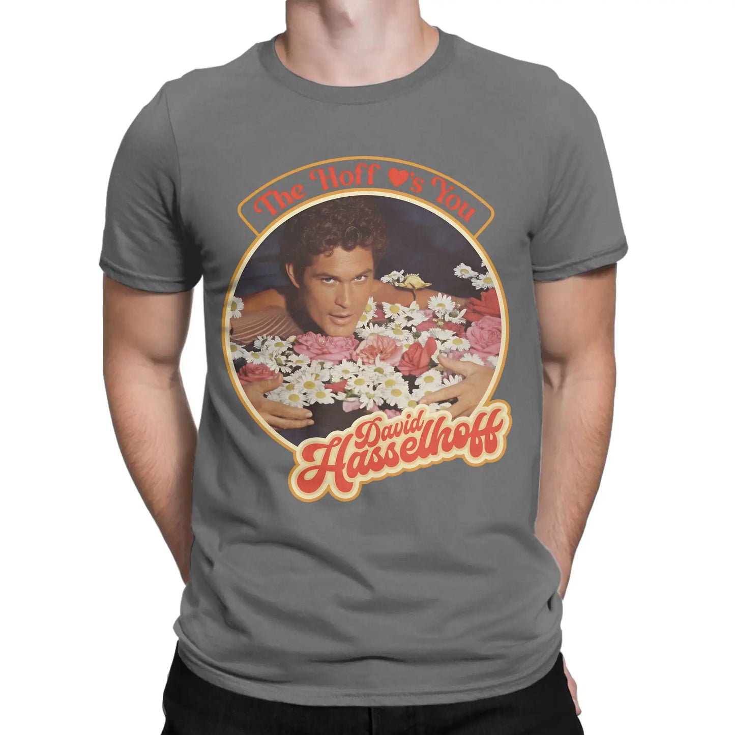 Men's David Hasselhoff T Shirt Cotton Clothes Vintage Short Sleeve Round Collar Tees New Arrival T-Shirts Peaceful Pleasures Health and Wellness Dark Grey XL