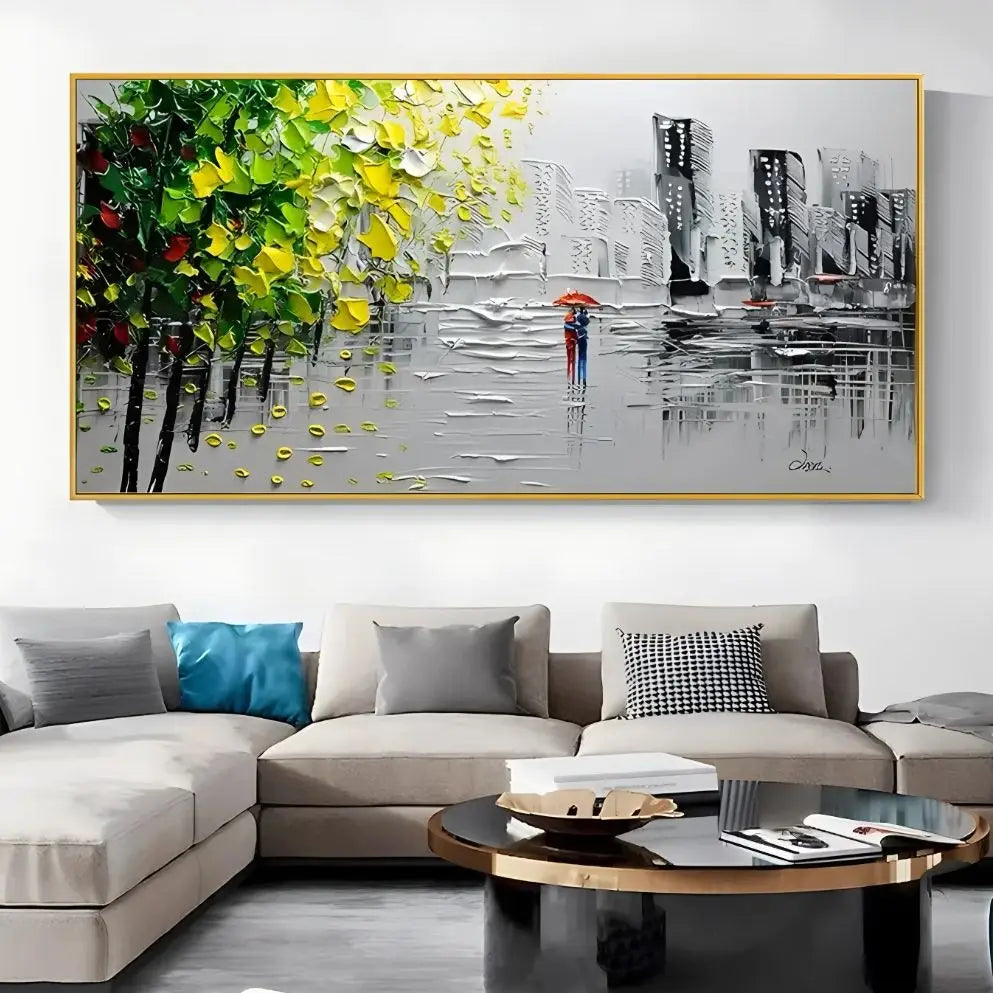 Large-scale Hand-painted Acrylic Knife Painting, Popular Street View, Black, White, Yellow, Green, Modern, Abstract, Thick Oil Peaceful Pleasures Health and Wellness