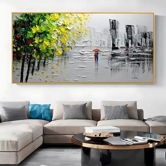 Large-scale Hand-painted Acrylic Knife Painting, Popular Street View, Black, White, Yellow, Green, Modern, Abstract, Thick Oil Peaceful Pleasures Health and Wellness