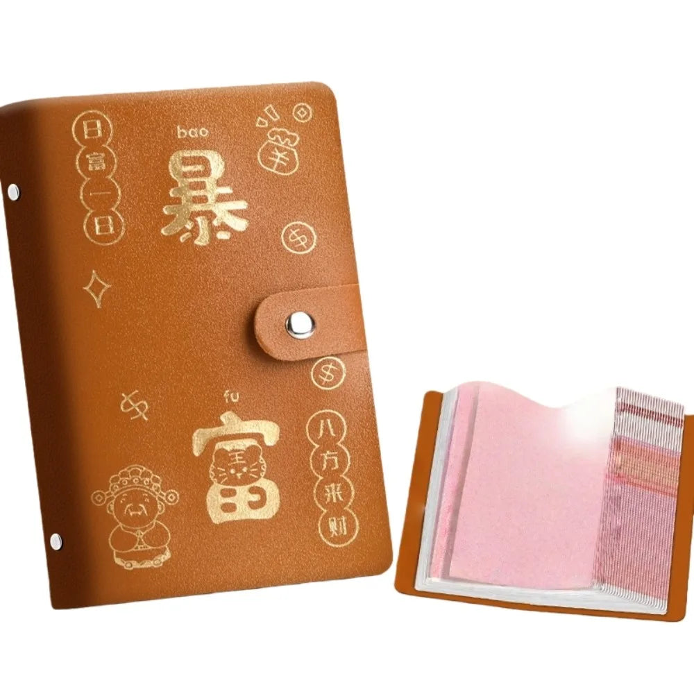 Chinese New Year Money Savings Challenge Binder PU Leather Storage Envelop Savings Challenges Book God of Wealth Style Peaceful Pleasures Health and Wellness Brown