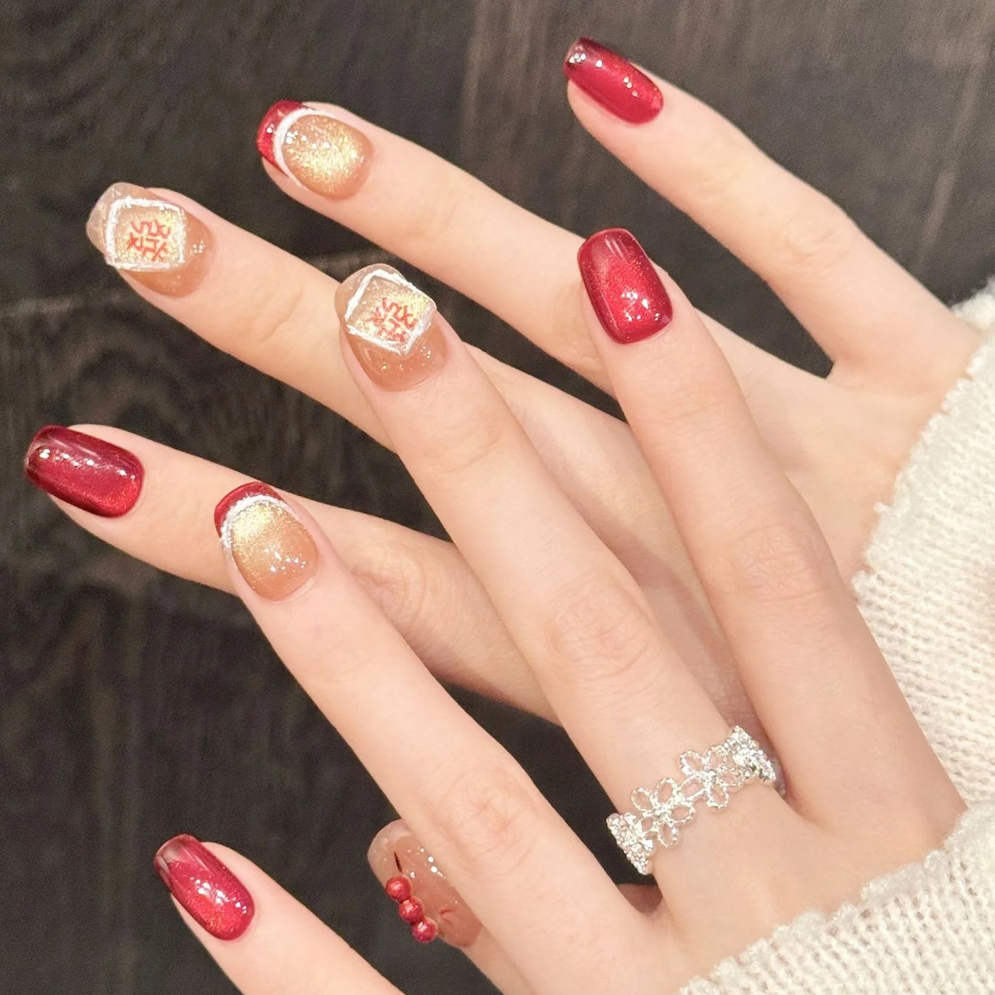 10pcs Handmade New Year Press on Nails 3D Decor Red Gold Cat's Eye Fake Nails Wearable Ins Sweet French False Nails Detachable Peaceful Pleasures Health and Wellness