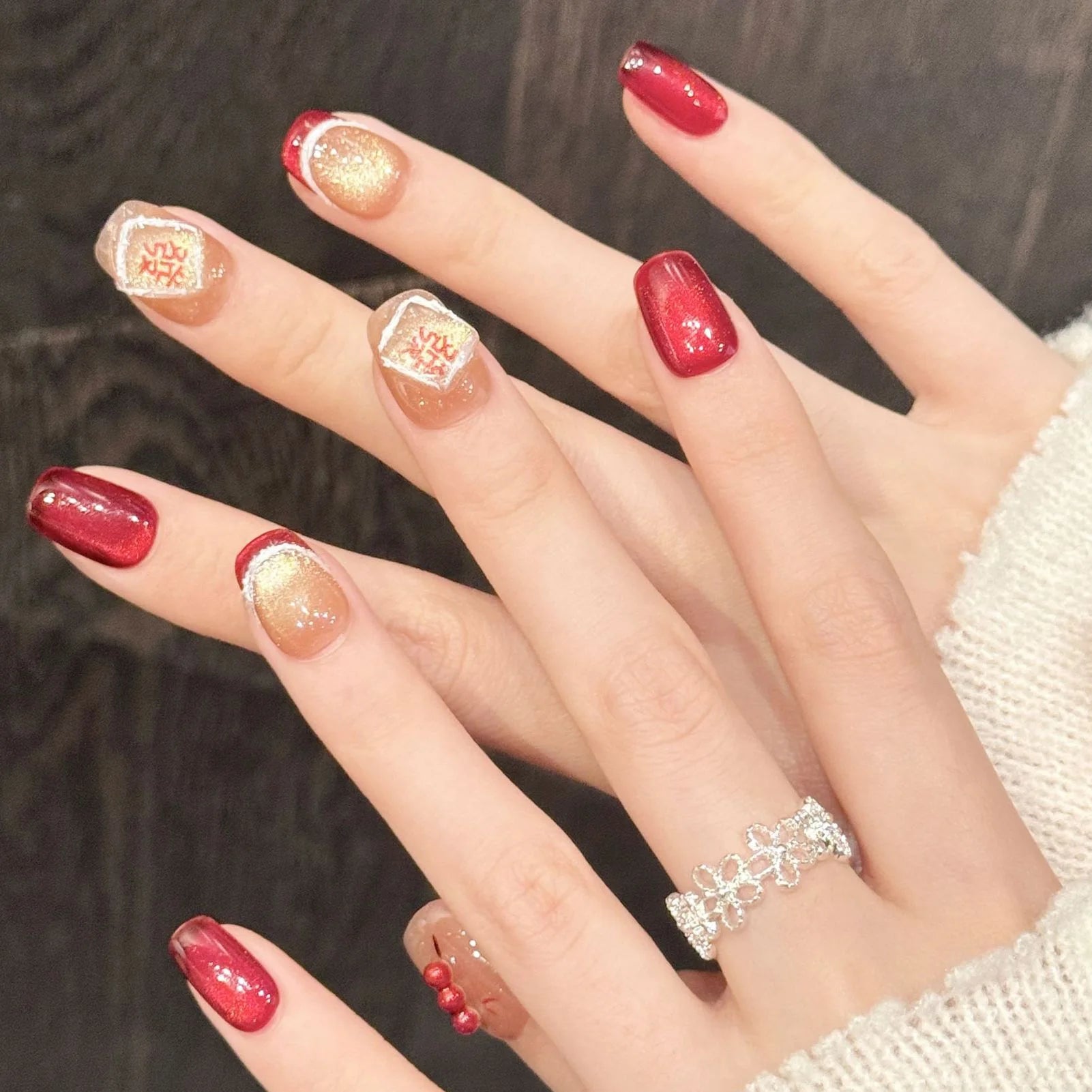 10pcs Handmade New Year Press on Nails 3D Decor Red Gold Cat's Eye Fake Nails Wearable Ins Sweet French False Nails Detachable Peaceful Pleasures Health and Wellness