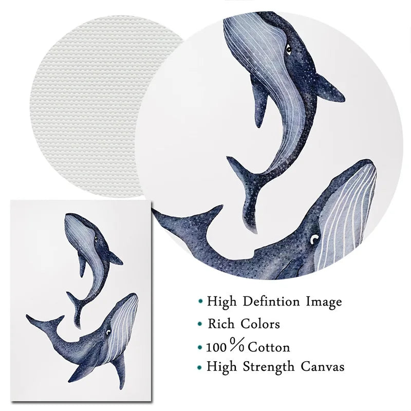 Ocean Animal Shark Turtle Dolphin Whale Fish Poster Watercolor Canvas Painting Print for Wall Living Room Nursery Home Decor Peaceful Pleasures Health and Wellness