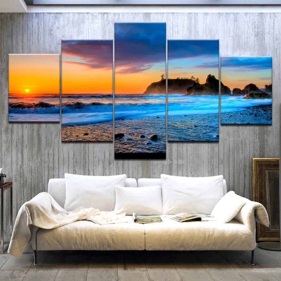 5pcs Cleopatra Ocean Canvas Painting Wall Art Orange Sky Ocean Beach Multi Turkey Sand Beach Sunrise Wall Decor No Frame Peaceful Pleasures Health and Wellness 5pcs 12 20x35-20x45-20x55cm