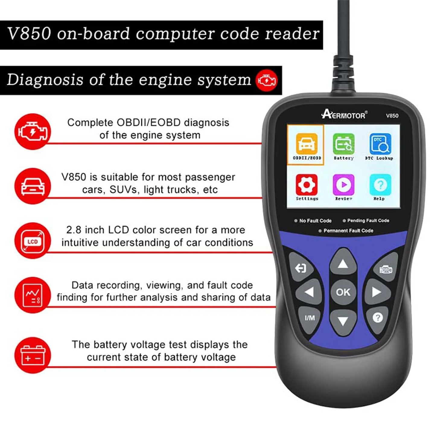 Aermotor V850 OBD2 Car Diagnostic Scanner & Code Reader